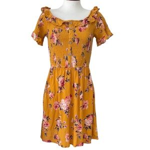 XHILARATION Women’s Dress Smocked Bodice Ruffle Sleeves Button Front Size M NWT